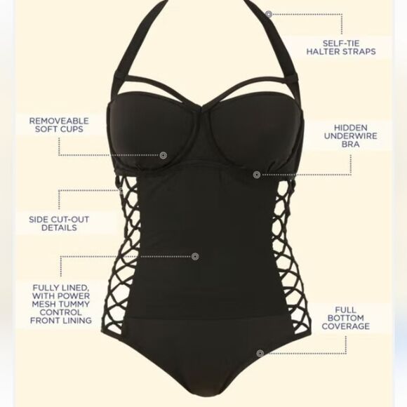 Swimsuits For All X Ashley Graham Boss Swimsuit Cutout Sides Underwire Black 16 - Picture 3 of 11